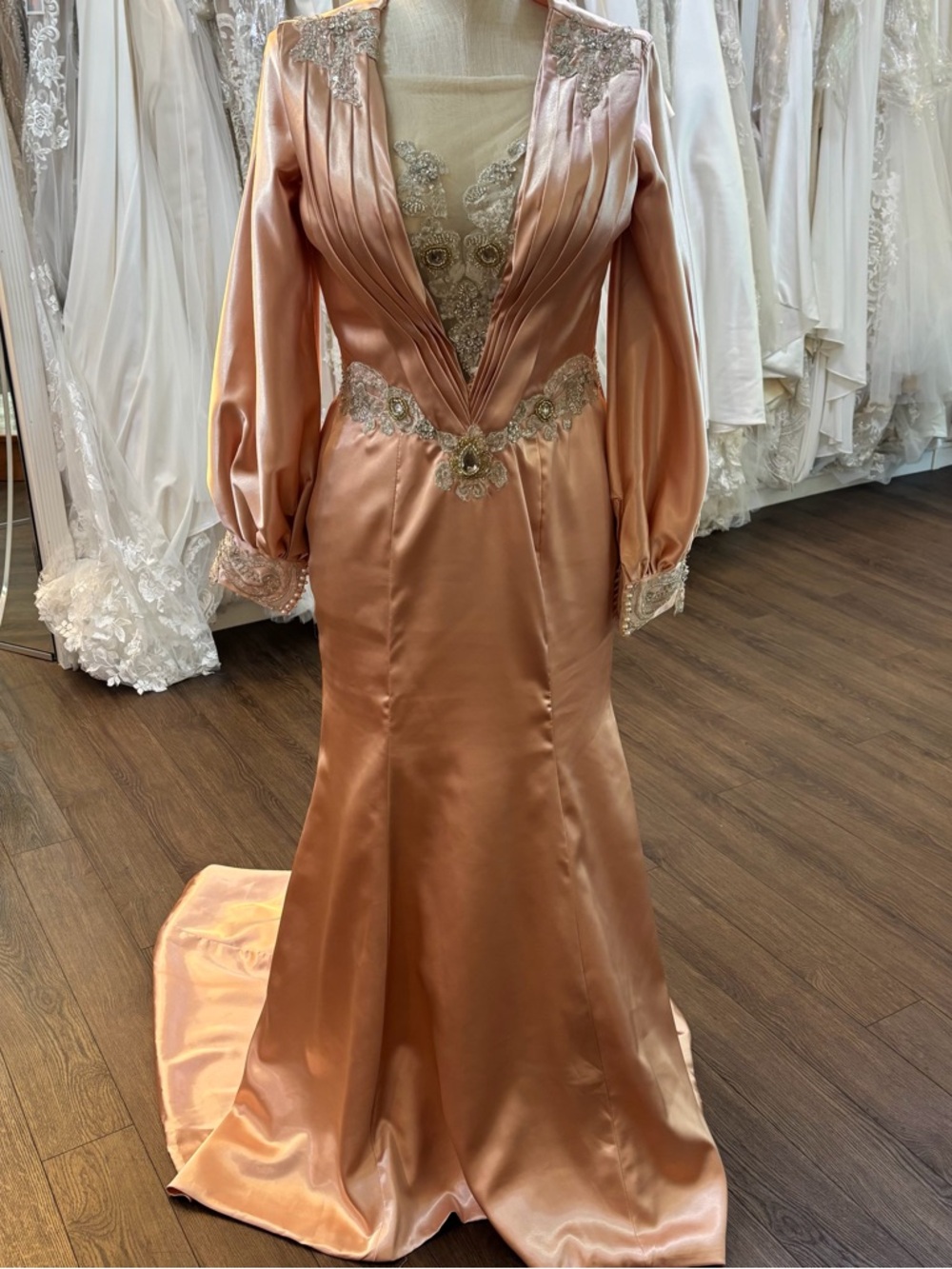 Elegant Satin Evening Gown in Peach with Lace Appliqué